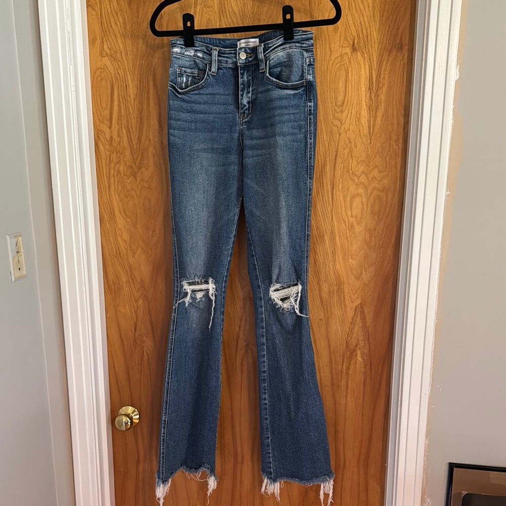 Buckle Blue Flare Wide Leg Jeans with Distressed Details